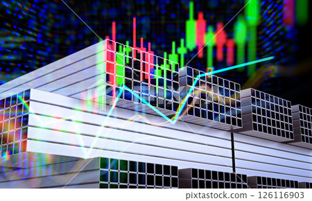 Commodity price rising concept with heap of metal pipes with stock market chart 126116903