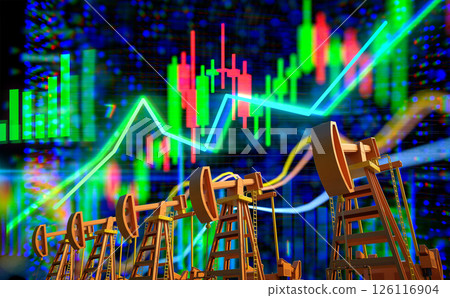 Oil price rising concept with crude oil pump on stock market chart 126116904