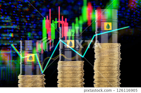 Oil price rising concept with oil barrels on stock market chart 126116905