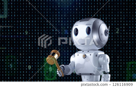 Digital law concept with ai robot hold gavel judge with graphic display 126116909