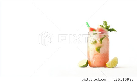 Tropical fruit smoothie with watermelon, mint, and lime. Organic summer drink for detox and wellness. Isolated on white, ideal for copyspace and nutrition-related designs. 126116983