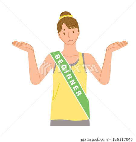 Gym beginner (confused young woman): Open your arms and don't understand Gym beginner (confused young woman): Open your arms and don't understand 126117045