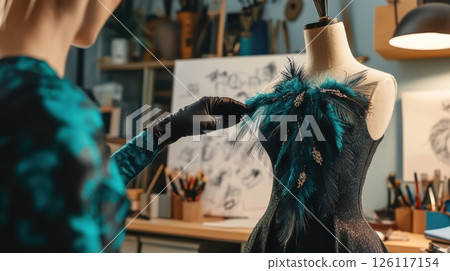 Designer adds feather trim to a couture gown in studio. Focused craftsmanship and creative workspace reflect the art of slow fashion and luxury detailing. 126117154