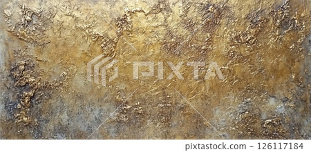 Close-up texture of golden paint on an old weathered wall, warm metallic surface with rich details, perfect for design backgrounds and artistic concepts 126117184