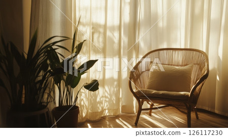 A sunlit boho living room featuring a rattan chair, potted plants, and linen curtains. Earthy textures and soft shadows create a peaceful, natural interior scene. 126117230