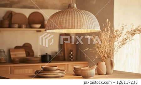 Earthy kitchen interior with handcrafted rattan lighting. A balance of minimalist style and cozy decor for editorial content. 126117233