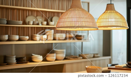 Soft kitchen ambiance with a rattan pendant lamp and ceramic details. Warm palette and natural materials make this a perfect slow-living concept. 126117234