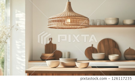 Rattan pendant lamp above kitchen island with ceramic dishes and wooden details, soft daylight and warm color palette Rattan pendant lamp above kitchen island with ceramic dishes and wooden details, soft daylight and warm color palette 126117235