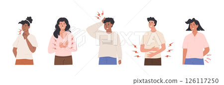 Diverse group of people experiencing various types of pain and discomfort with pained expressions. Throat pain, chest and back pain, headache, stomach ache. Flat Vector Illustration isolated on white. 126117250