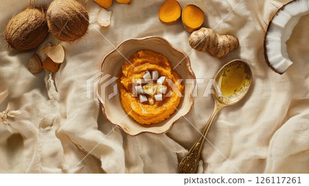 Top view of creamy golden sweet potato puree with curry spices. Styled with rustic props, linen, and warm lighting, the image reflects wholesome cooking and natural ingredients. 126117261