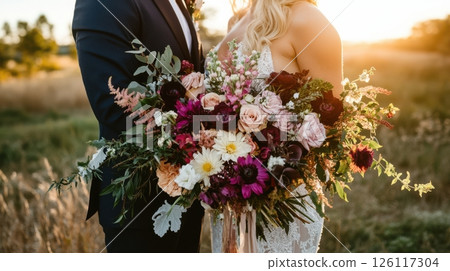 Bride and groom holding a wedding bouquet together, close-up on hands and florals, symbolic and emotional moment, warm golden light, outdoor ceremony Bride and groom holding a wedding bouquet together, close-up on hands and florals, symbolic and emotional moment, warm golden light, outdoor ceremony 126117304
