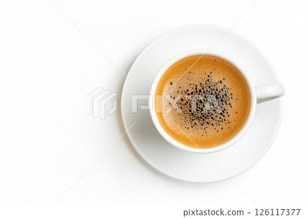 Flat lay of a coffee cup with black foam on a white background, top-down isolated photography, high-resolution realistic and detailed photograph, stock photo, photo for an advertising banner, high 126117377