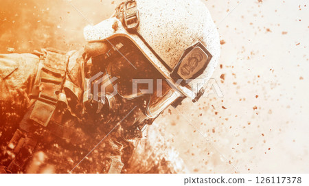 Firefighter battling blaze with intense smoke and debris, suitable as dramatic background 126117378