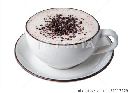 Flat lay of a coffee cup with black foam on a white background, top-down isolated photography, high-resolution realistic and detailed photograph, stock photo, photo for an advertising banner, high 126117379