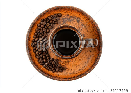 Photo of a cup of black coffee on a white background, top-view photo with soft shadow and realistic lighting 126117399