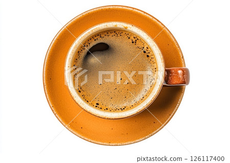 Photo of a cup of black coffee on a white background, top-view photo with soft shadow and realistic lighting 126117400