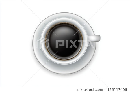 Photo of a cup of black coffee on a white background, top-view photo with soft shadow and realistic lighting 126117406