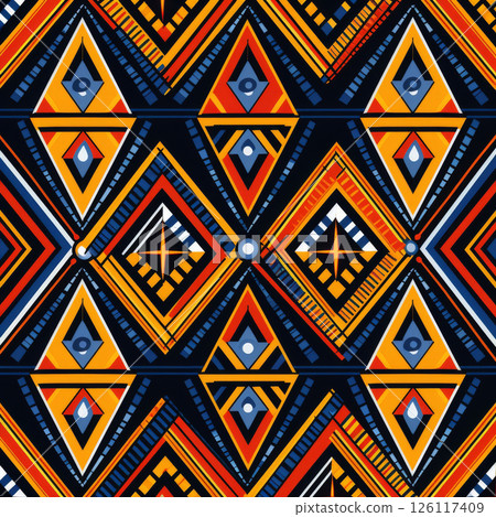 Vibrant and intricate traditional African pattern showcasing cultural elements 126117409
