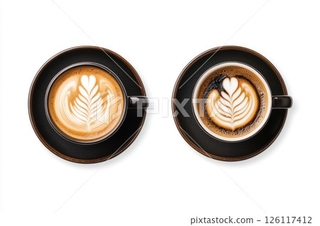 Top view of a coffee cup isolated on a white background with a clipping path, a top-down perspective view of a black espresso and foam in a ceramic mug on a saucer Top view of a coffee cup isolated on a white background with a clipping path, a top-down perspective view of a black espresso and foam in a ceramic mug on a saucer 126117412