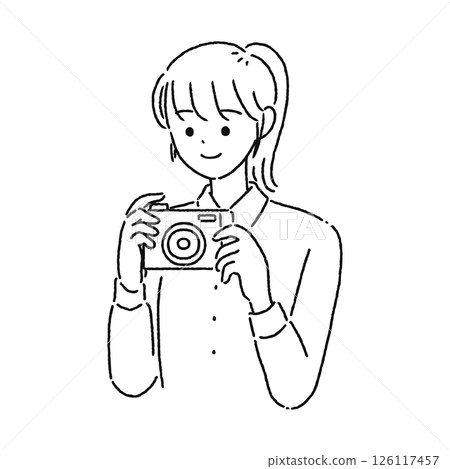Woman taking a picture with a digital camera Line drawing 126117457