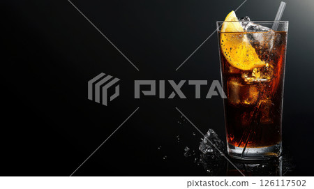 Photo of a long island iced tea cocktail on a black background . Web banner with copy space on the right. 126117502