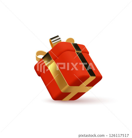 Red Gift Box with Golden Ribbon and Bow. Decorative Element for Christmas, New Year, Birthdays, Anniversaries or Seasonal Sales. 3D Vector Illustration Isolated on White. 126117517