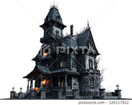 Halloween haunted house isolated on white background with fantasy medieval gothic architecture dark windows and spooky decorations concept of holiday design entertainment industry fantasy art. 126117822