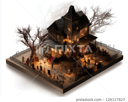 Haunted house for halloween isolated on white background in isometric view with lighting effects photorealistic style and hyper detailed elements concept of holiday design entertainment industry. 126117823