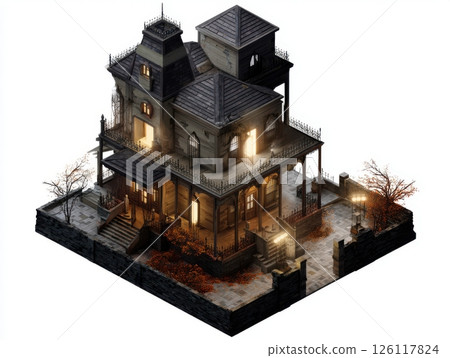 Haunted house for halloween isolated on white background in isometric view with lighting effects photorealistic style and hyper detailed elements concept of holiday design entertainment industry. 126117824