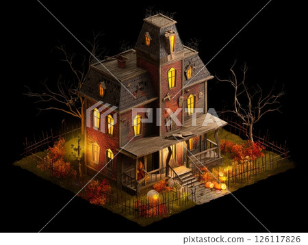 Haunted house for halloween isolated on white background in isometric view with lighting effects photorealistic style and hyper detailed elements concept of holiday design entertainment industry. 126117826