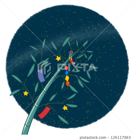 以夜空為背景的七夕竹葉插圖 126117863