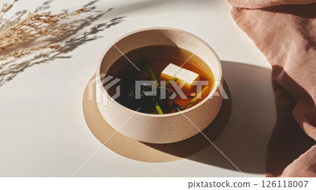 Savory miso soup served with chopsticks on a wooden table. Healthy, protein-rich comfort food ideal for wellness and simple meal prep. 126118007
