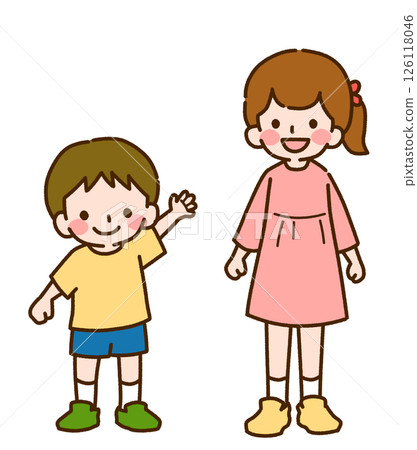 Simple color illustration of children, boy and girl siblings smiling 126118046