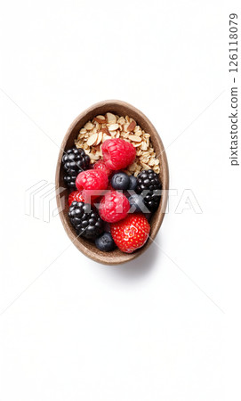 Acai bowl with berries granola and almond flakes isolated on white background small subject with large empty space minimal composition concept of healthy eating wellness branding nutrition blog 126118079
