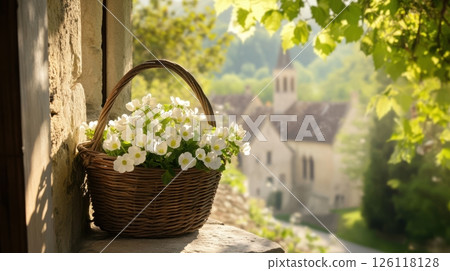 Basket of white flowers on stone windowsill with sunlit leaves and medieval French village in background featuring church spires and wooden doors, rustic summer concept 126118128
