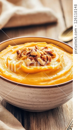 Rustic ceramic bowl with creamy sweet potato mash topped with toasted pecans and walnuts, golden butter swirls, styled on wooden table with linen napkin and vintage spoon in cozy natural light 126118148