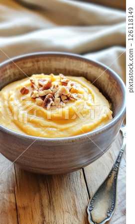 Rustic ceramic bowl with creamy sweet potato mash topped with toasted pecans and walnuts, golden butter swirls, styled on wooden table with linen napkin and vintage spoon in cozy natural light 126118149