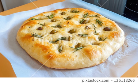 Golden sourdough focaccia with olives and rosemary on parchment, rustic top view with natural light, great for slow food and artisanal baking themes. 126118266