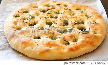 Golden sourdough focaccia with olives and rosemary on parchment, rustic top view with natural light, great for slow food and artisanal baking themes. 126118267