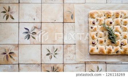 Fresh sourdough focaccia with olives and rosemary on parchment, golden crust, top view, rustic baking scene, natural daylight, simple and artisanal look 126118269