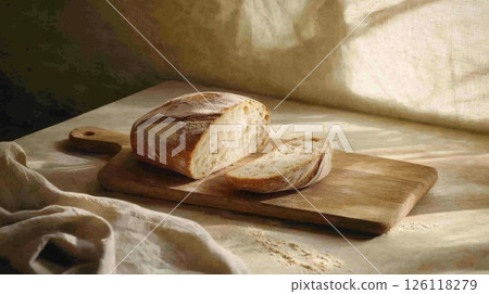 Sourdough bread sliced on a wooden board with visible porous crumb and flour dust in cozy kitchen atmosphere, perfect for artisan food and baking content. 126118279