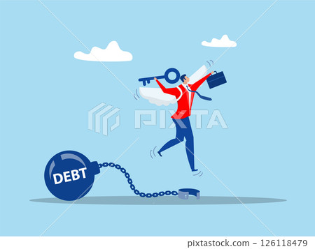 businessman holding golden key after unlock debt burden chain.Debt free or freedom for pay off debts concept vector 126118479