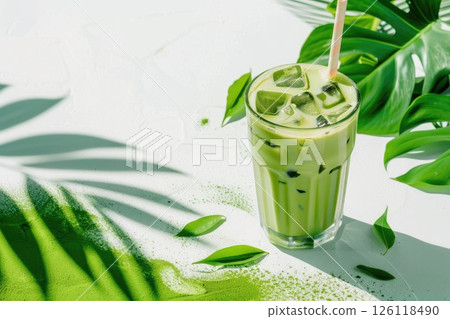 Refreshing green beverage with ice cubes in a clear glass, surrounded by tropical leaves and green powder, creating a vibrant and inviting summer drink atmosphere Refreshing green beverage with ice cubes in a clear glass, surrounded by tropical leaves and green powder, creating a vibrant and inviting summer drink atmosphere 126118490