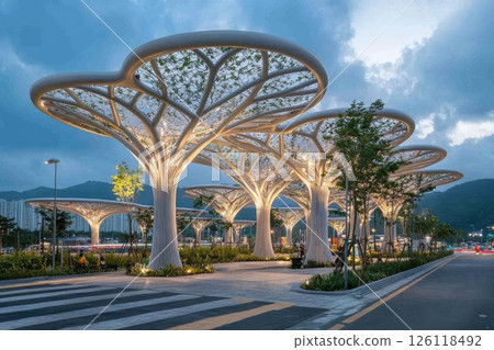 Modern architectural design featuring large, tree-like structures with integrated greenery, creating a unique urban space for relaxation and social interaction in a contemporary environment 126118492