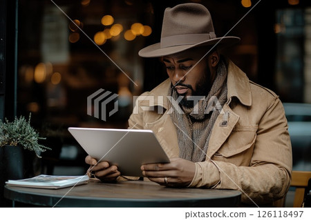 African American man wearing a stylish hat and scarf is sitting at a cafe table, focused on a tablet device, surrounded by warm ambient lighting and cozy atmosphere African American man wearing a stylish hat and scarf is sitting at a cafe table, focused on a tablet device, surrounded by warm ambient lighting and cozy atmosphere 126118497