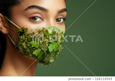 Young woman with dark hair wearing a unique green mask made of moss and leaves, showcasing an eco-friendly fashion statement against a soft green background 126118505
