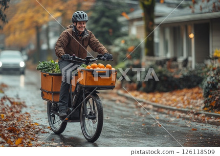 Smiling cyclist riding an electric bike with baskets full of fresh fruits and vegetables, navigating through a picturesque autumn street with colorful foliage 126118509