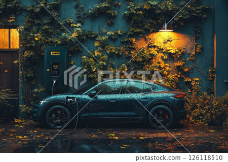 Electric vehicle parked beside charging station, surrounded by lush greenery and illuminated by warm light, showcasing modern eco-friendly transportation in an urban setting Electric vehicle parked beside charging station, surrounded by lush greenery and illuminated by warm light, showcasing modern eco-friendly transportation in an urban setting 126118510