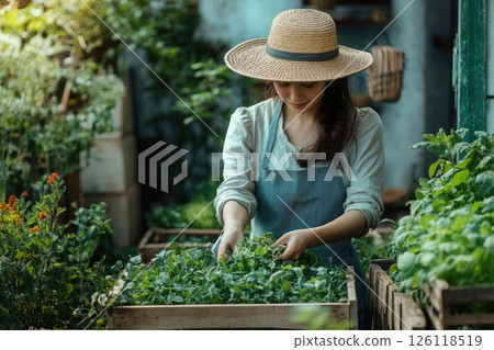 Woman in straw hat tending to vibrant green herbs in a wooden crate, surrounded by lush plants in a cozy garden setting, showcasing dedication to gardening and nature Woman in straw hat tending to vibrant green herbs in a wooden crate, surrounded by lush plants in a cozy garden setting, showcasing dedication to gardening and nature 126118519