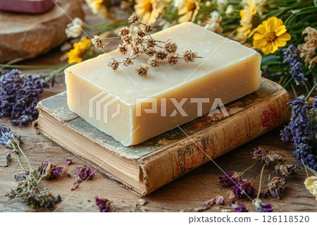 Natural handmade soap bar placed on an old book surrounded by dried flowers and herbs, creating a rustic and aromatic atmosphere for wellness and relaxation Natural handmade soap bar placed on an old book surrounded by dried flowers and herbs, creating a rustic and aromatic atmosphere for wellness and relaxation 126118520